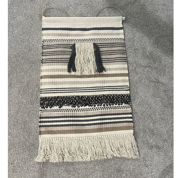 Handwoven Tapestry w/ Fringe Home Decor Boho Farmhouse Morracan Cream Black - Picture 6 of 9